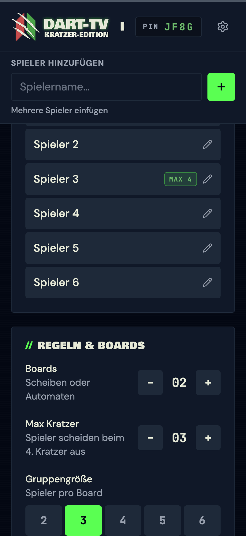 Admin-Panel mit Spielerliste und Einstellungen