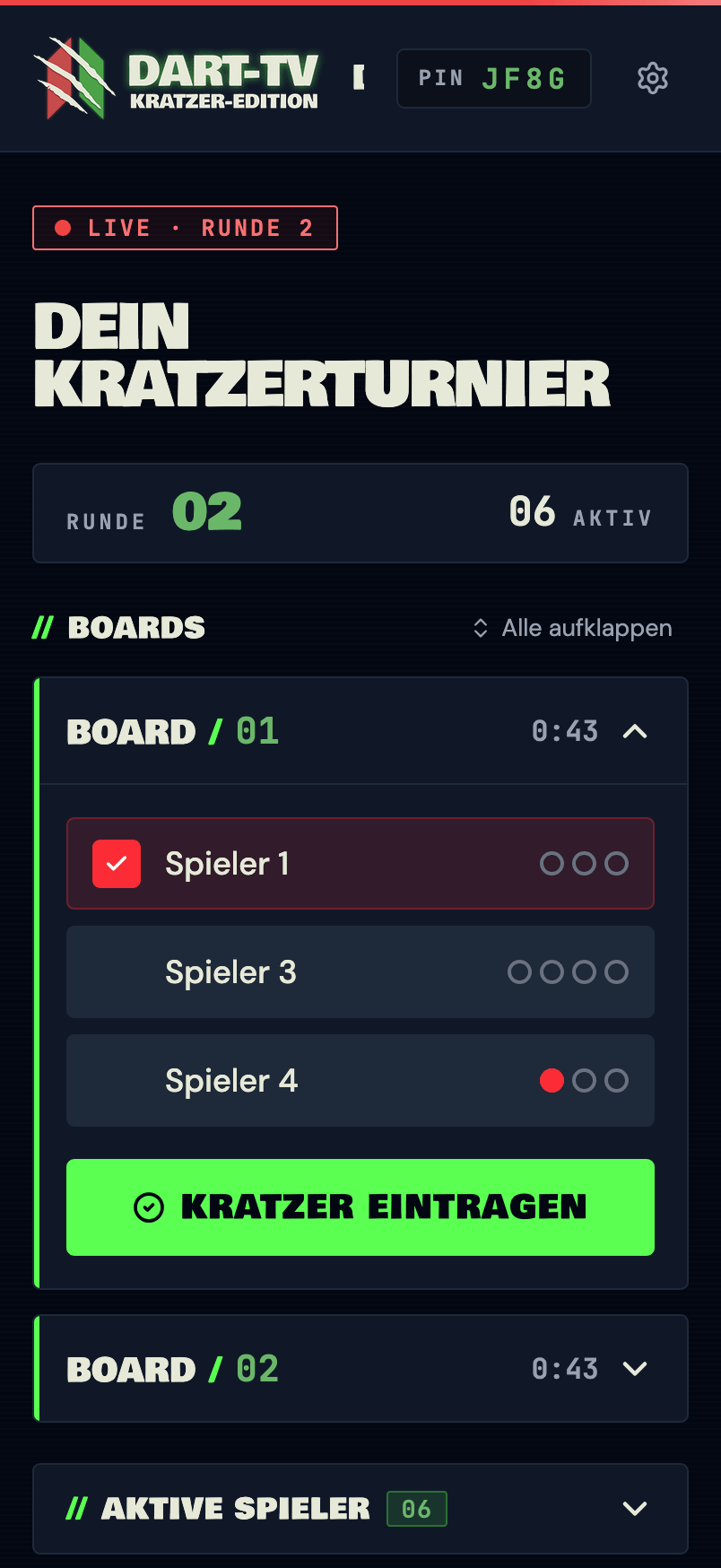Boardansicht mit Kratzer-Checkboxen und Eintragen-Button