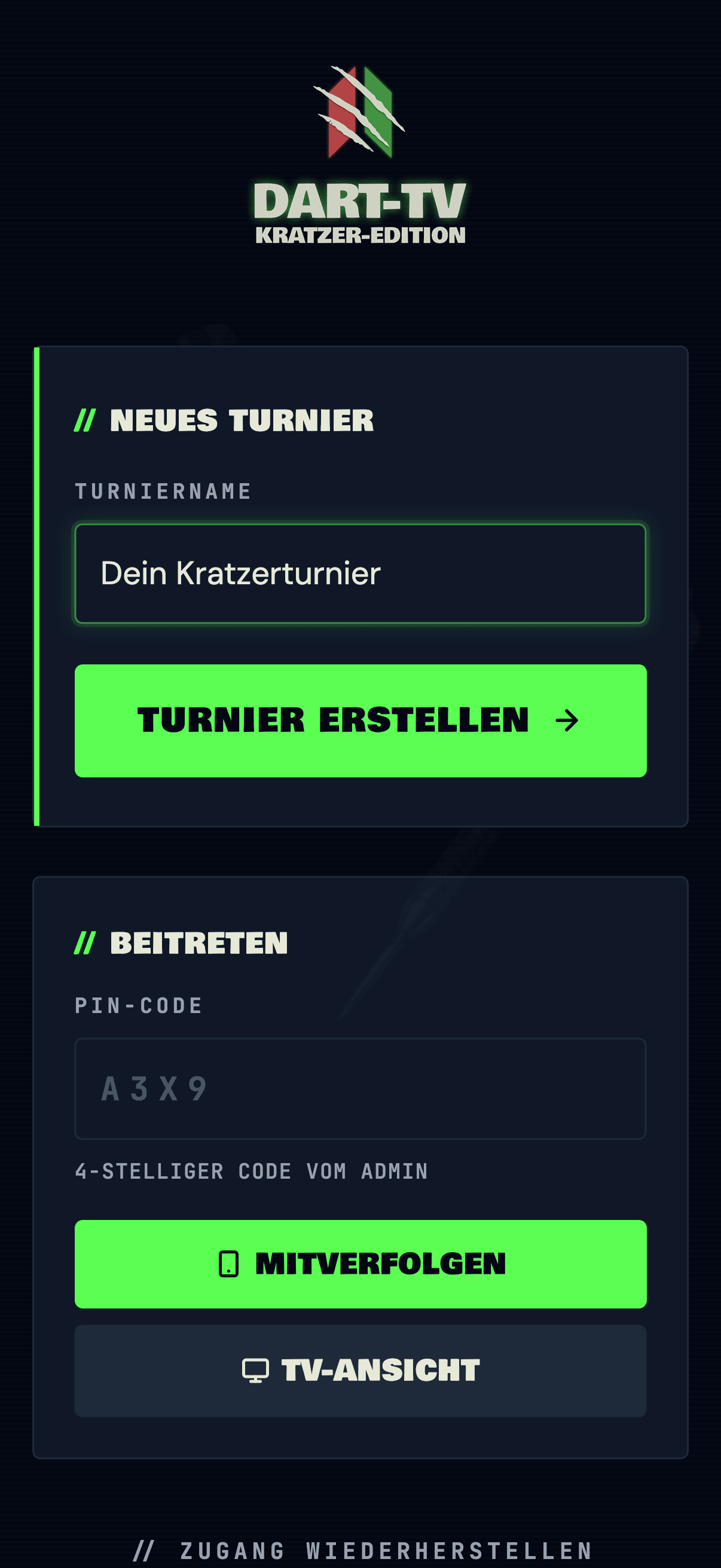 Startseite der App mit dem Formular Neues Turnier
