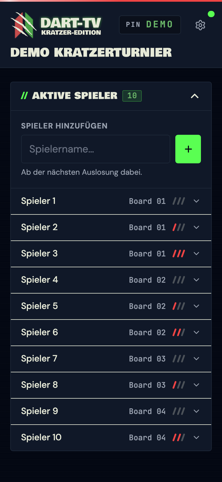 Turnierleitung mit aufgeklappter Sektion Aktive Spieler und Eingabefeld zum Nachtragen eines Spielers