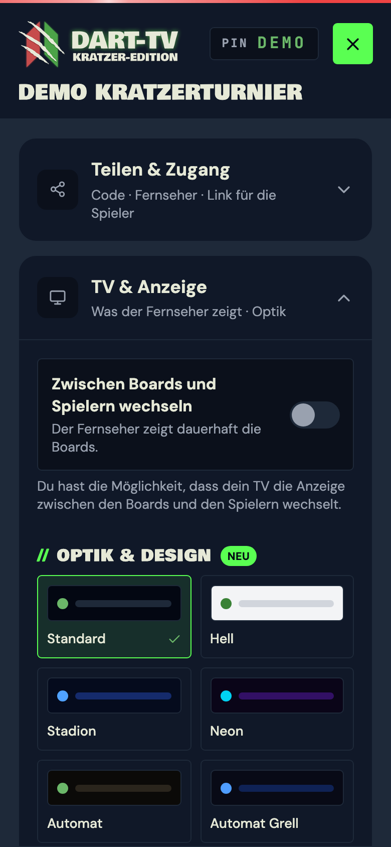 Einstellungen der Turnierleitung mit der geöffneten Gruppe TV und Anzeige und dem Schalter für den Ansichtswechsel